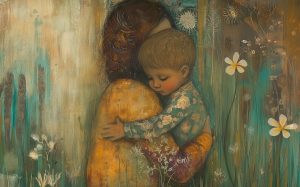 painterly illustration of mother holding small child 