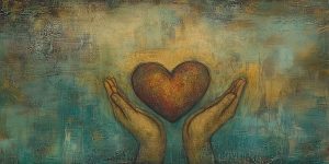 painterly illustration of hands under floating heart