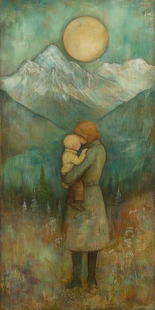 painterly illustration of mother holding small child seen from afar