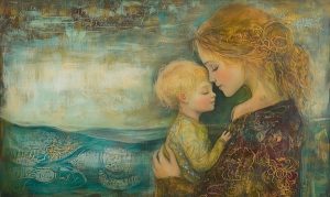 painterly illustration of mother holding small child 